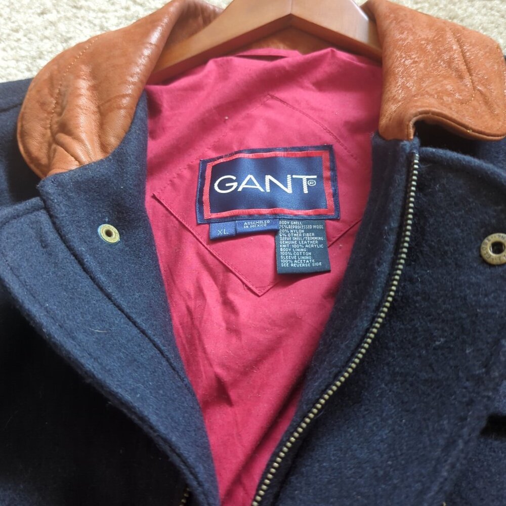 Blue Vintage 1990's Mens Preppy Gant  Wool and Leather Jacket  XL (Trending)